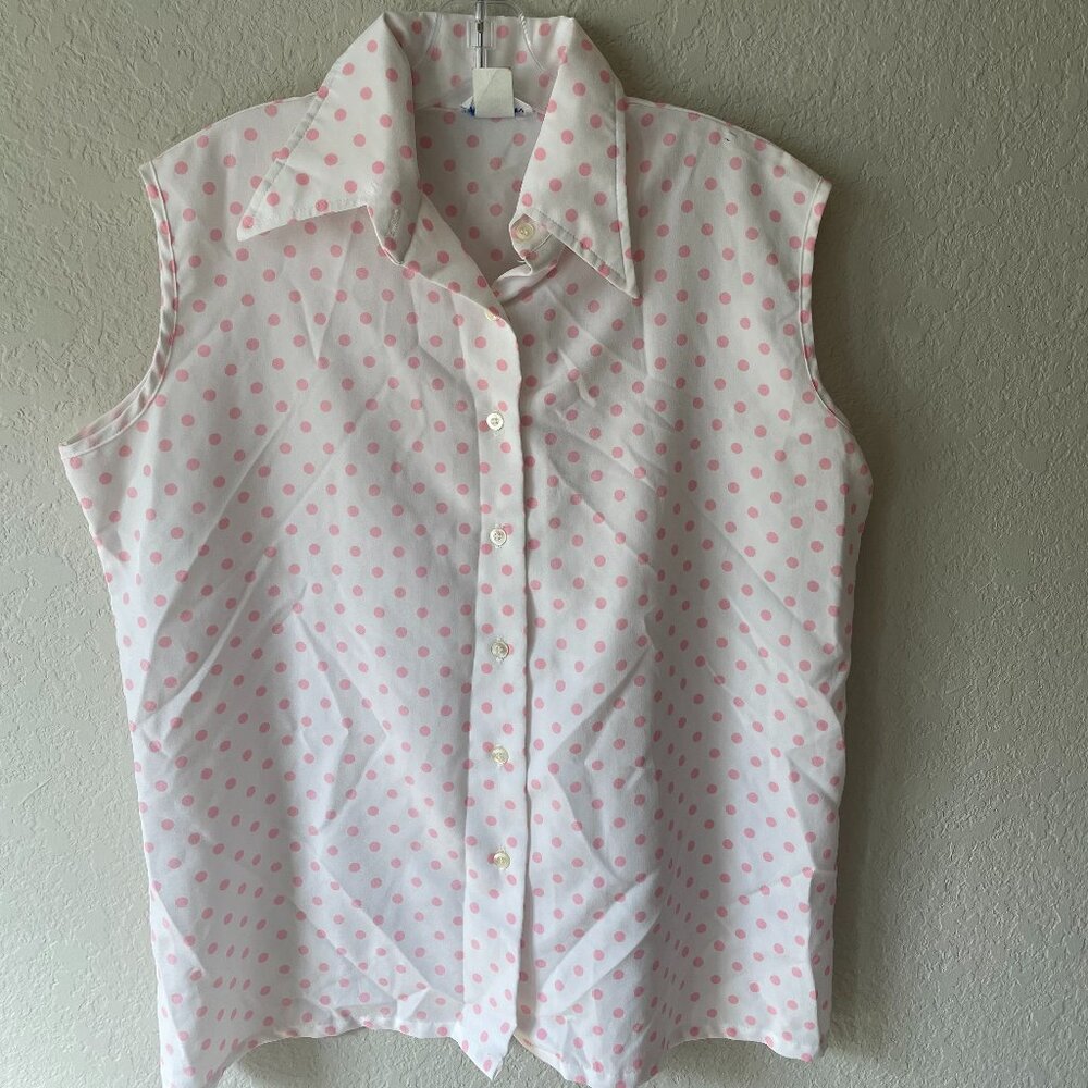 VTG Sears 70s Pink/White Polka-Dot Button Down Sleeveless Top